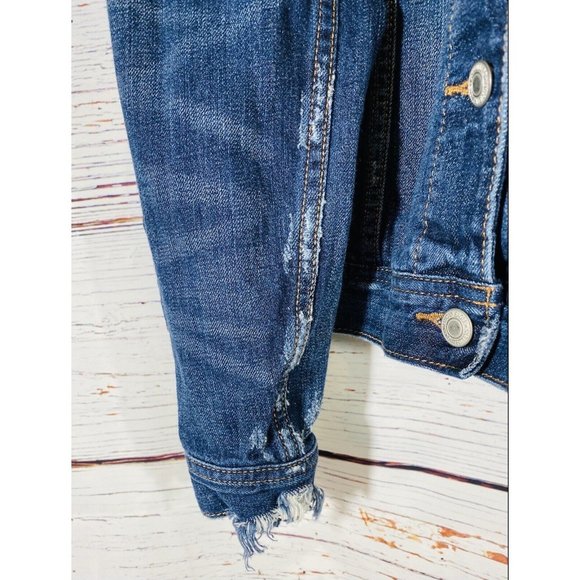 AE American Eagle Denim Jean Jacket Womens Sz Extra Small Coat Distressed Cuffs - Picture 8 of 9